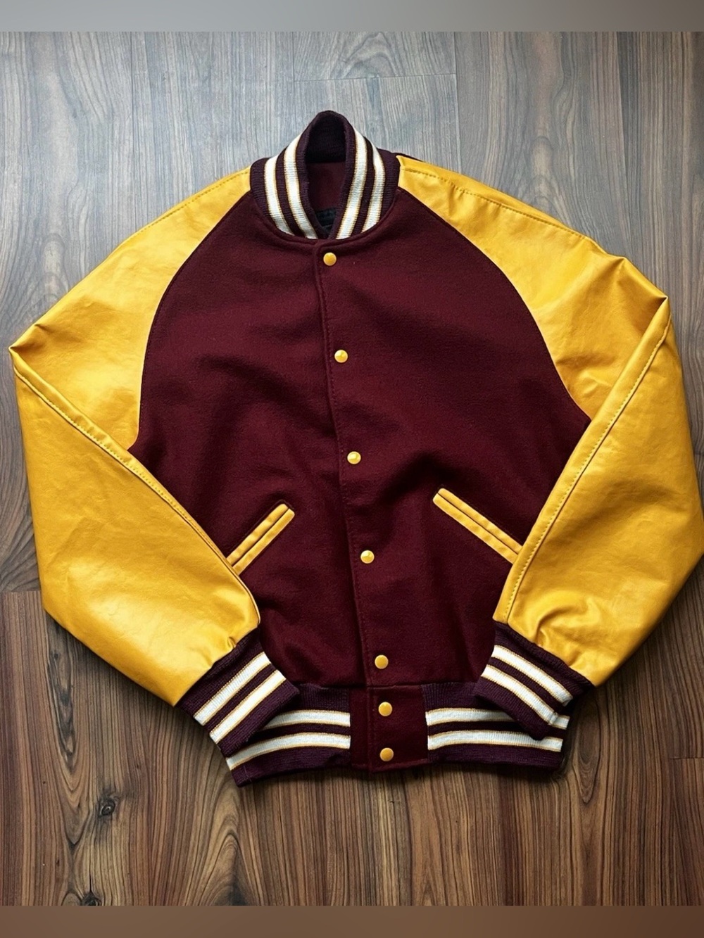 Vintage DeLong Men's Maroon & Yellow Varsity Letterman Jacket Leather & Wool EUC